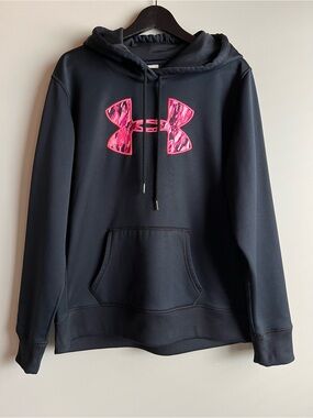 Under Armour Women’s Large Black Armour Fleece Hoodie Pink Logo Pullover